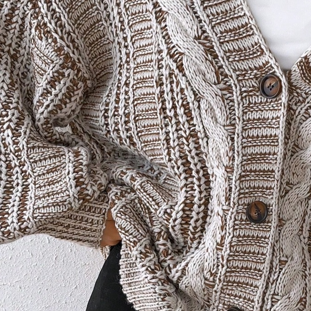 Oversized Mocha Brown Cable Knit Cardigan Long Sleeves Hip Length Buttoned - Picture 8 of 12